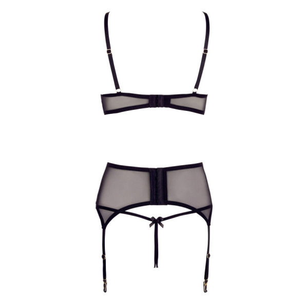 Soutien-gorge dentelle, porte-jarretelles et string ouvert noir 